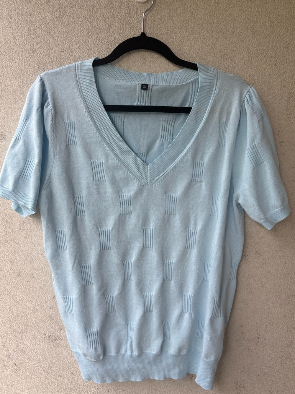 Arache & Cloz Blue V Neck Knit Top XL Puff Sleeve Textured Ribbed Sweater